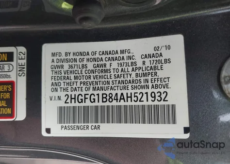 2010 Honda Civic Ex из США, поврежденный, VIN 2HGFG1B84AH521932